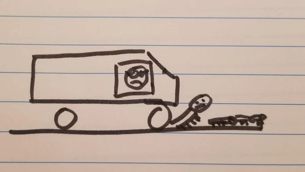 Drawing of train running over bugs
